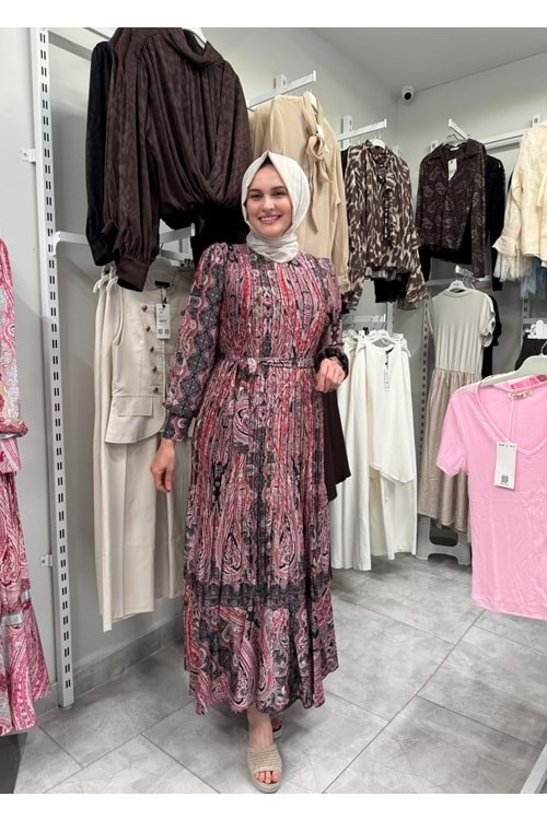 İpek Saten Piliseli Elbise 7010 - Kırmızı - L