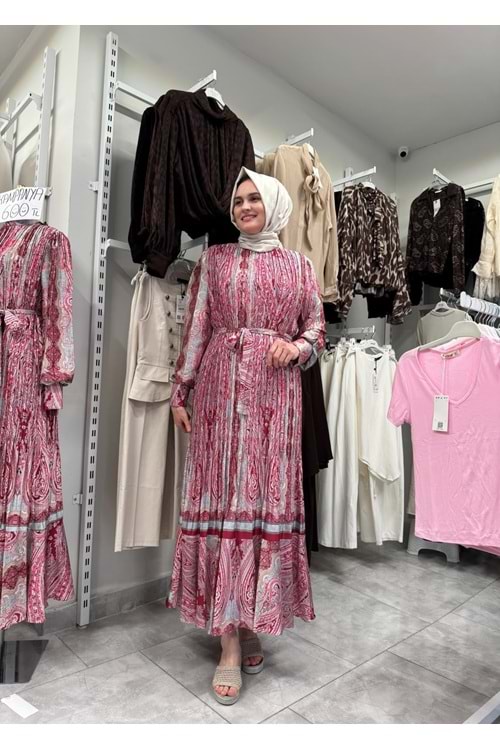 İpek Saten Piliseli Elbise 7010 - Pembe - M