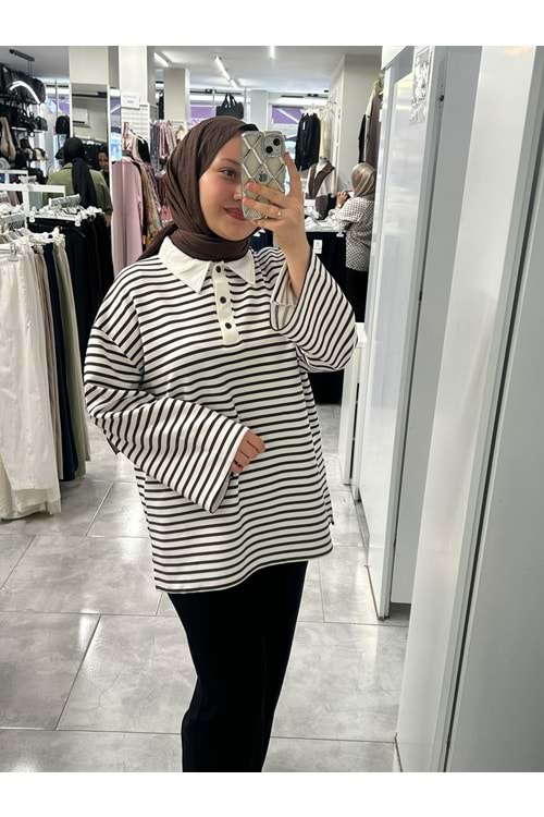 Düğmeli Polo Yaka Tunik 27167 - Acı Kahve - TEK BEDEN
