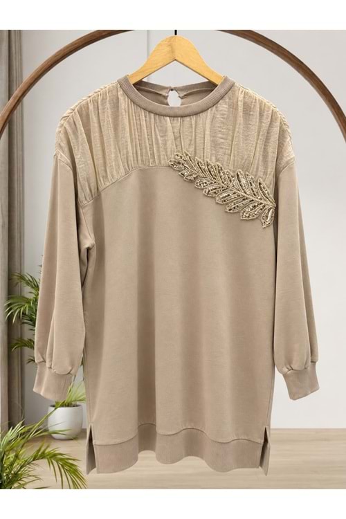 Çiçek Detaylı Tunik 10817 - Bej - L-XL