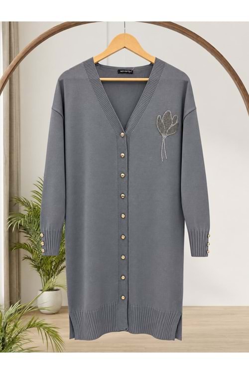 Buket Çiçekli Hırka 3260 - Gri - TEK BEDEN