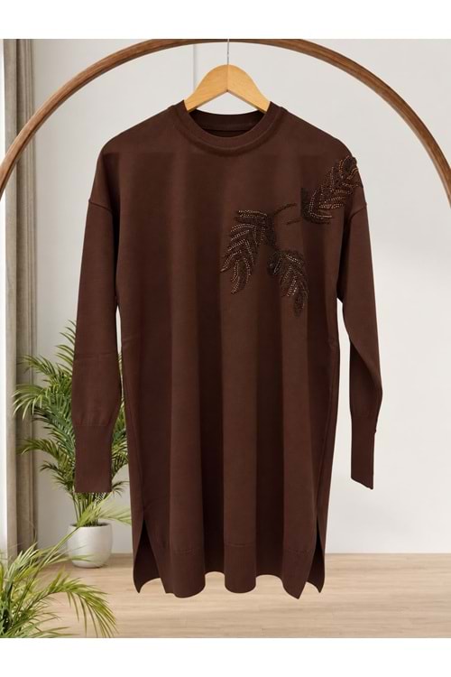 Yaprak Desen Merserize Tunik 3385 - Acı Kahve - TEK BEDEN