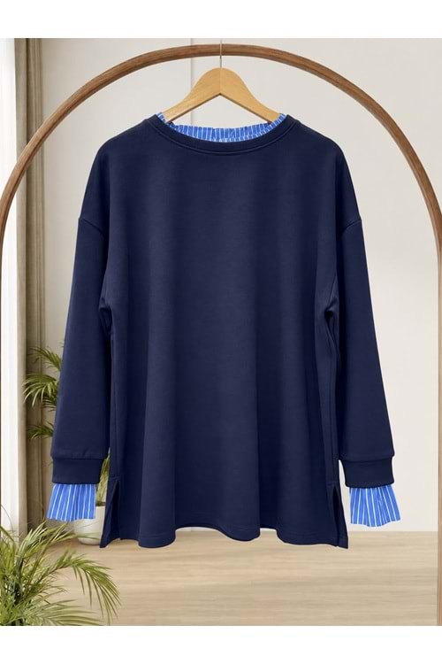 Kolu ve Yakası Çizgili Tunik 2077 - Lacivert - L-XL