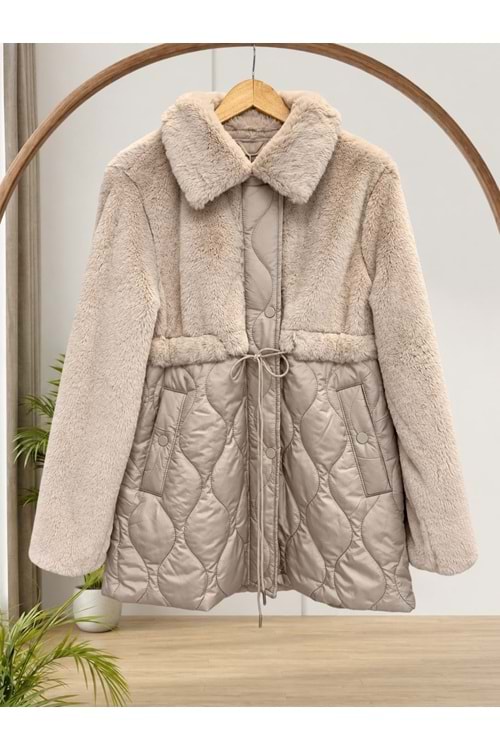 Peluş Garnili Kapitone Mont 37827 - Bej - L
