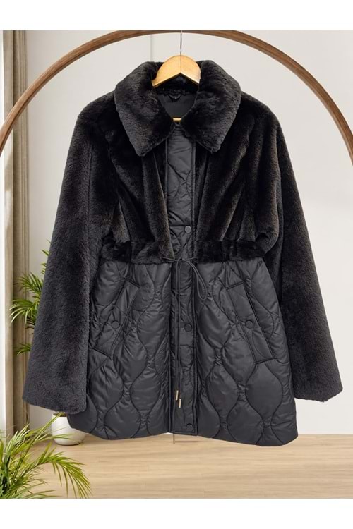 Peluş Garnili Kapitone Mont 37827 - Siyah - L