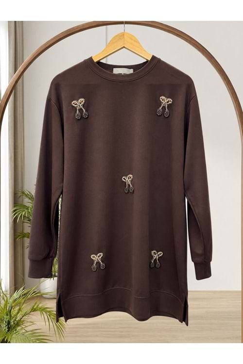 Taşlı Fiyonk Detaylı Tunik 27161 - Kahve Rengi - L
