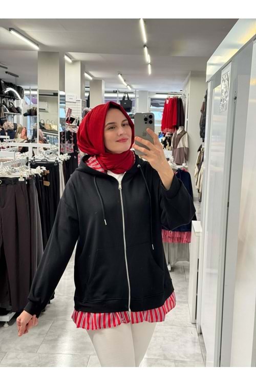 Kapşonu ve Eteği Çizgili Hırka 932 - Siyah - S-M - AZRA09046-70803