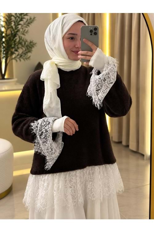 Eteği Ve Kolları Dantel Detaylı Kazak 26738 - Acı Kahve - TEK BEDEN