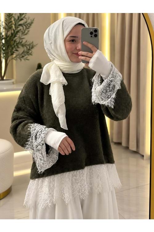 Eteği Ve Kolları Dantel Detaylı Kazak 26738 - Haki - TEK BEDEN