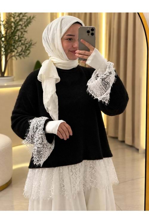 Eteği Ve Kolları Dantel Detaylı Kazak 26738 - Siyah - TEK BEDEN