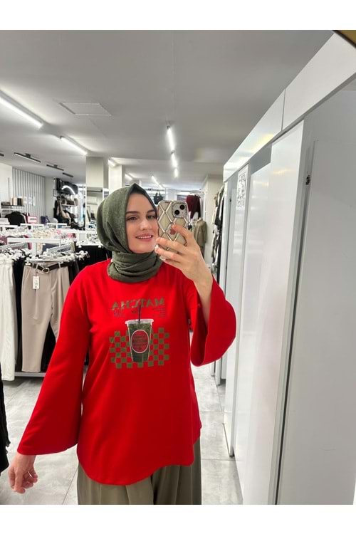 Baskılı Yırtmaçlı Tunik 5145109 - Kırmızı - L