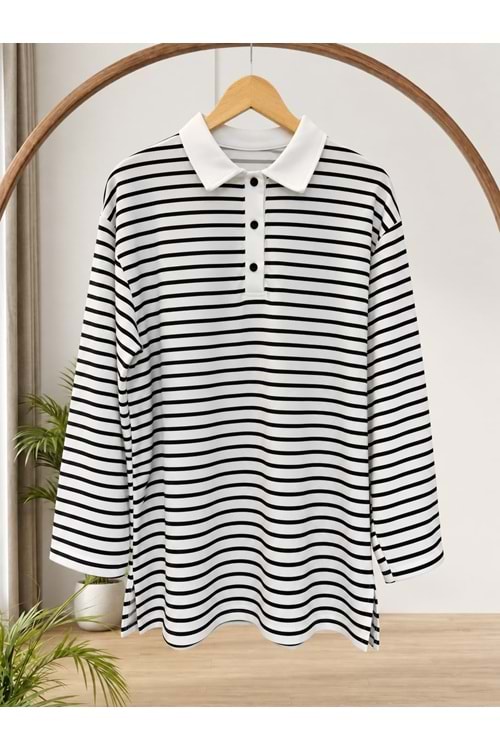 Çizgili Yakalı Sweat 938 - Siyah - S-M