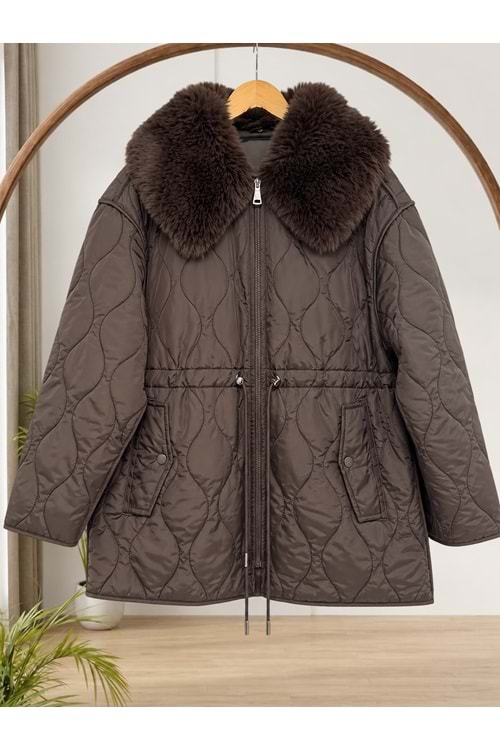 Yakası Peluşlu Kapitone Mont 37831 - Acı Kahve - L - AZRA09121-71263