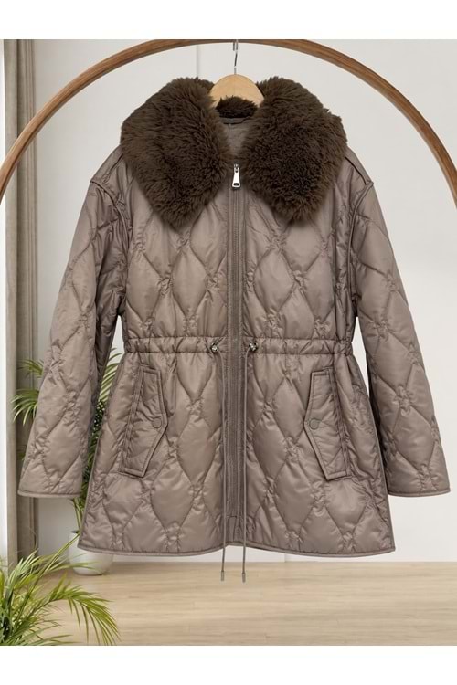 Yakası Peluşlu Kapitone Mont 37831 - Bej - L - AZRA09121-71266