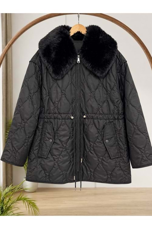 Yakası Peluşlu Kapitone Mont 37831 - Siyah - L - AZRA09121-71269