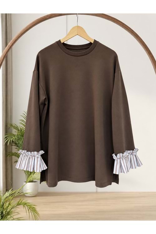 Kolları Çizgili Sweat 32600 - Acı Kahve - L-XL