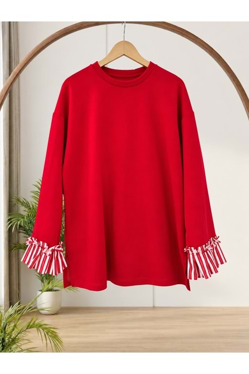 Kolları Çizgili Sweat 32600 - Kırmızı - L-XL