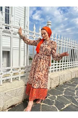 İkoll Leopar Desenli Şifon Elbise - Bej - S