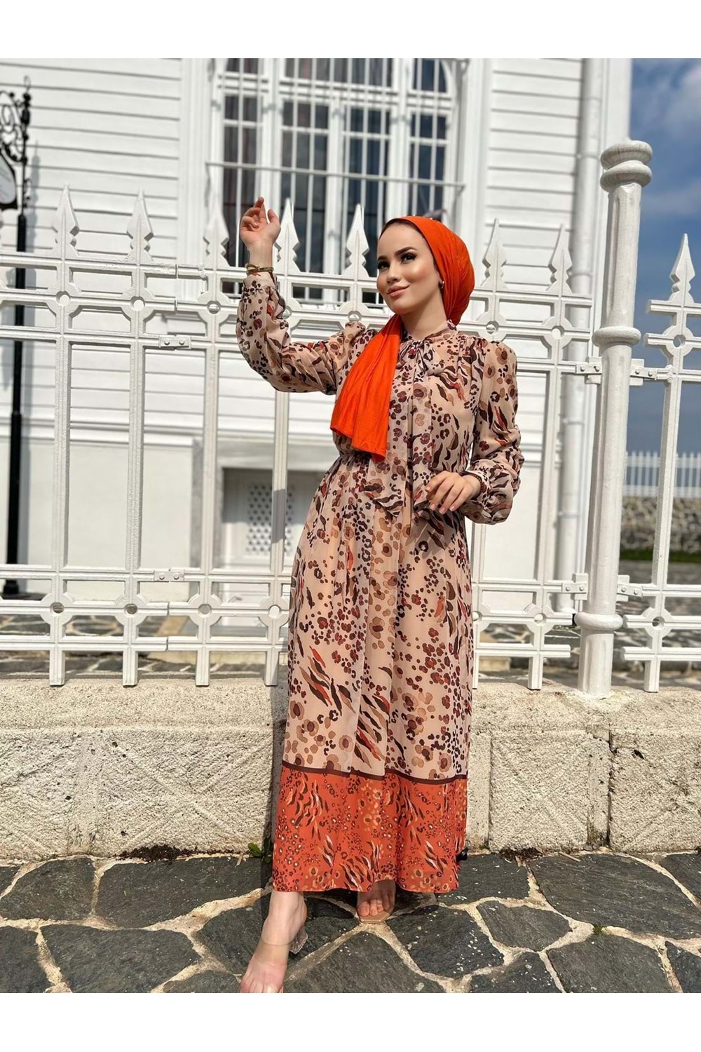 İkoll Leopar Desenli Şifon Elbise - Bej - S