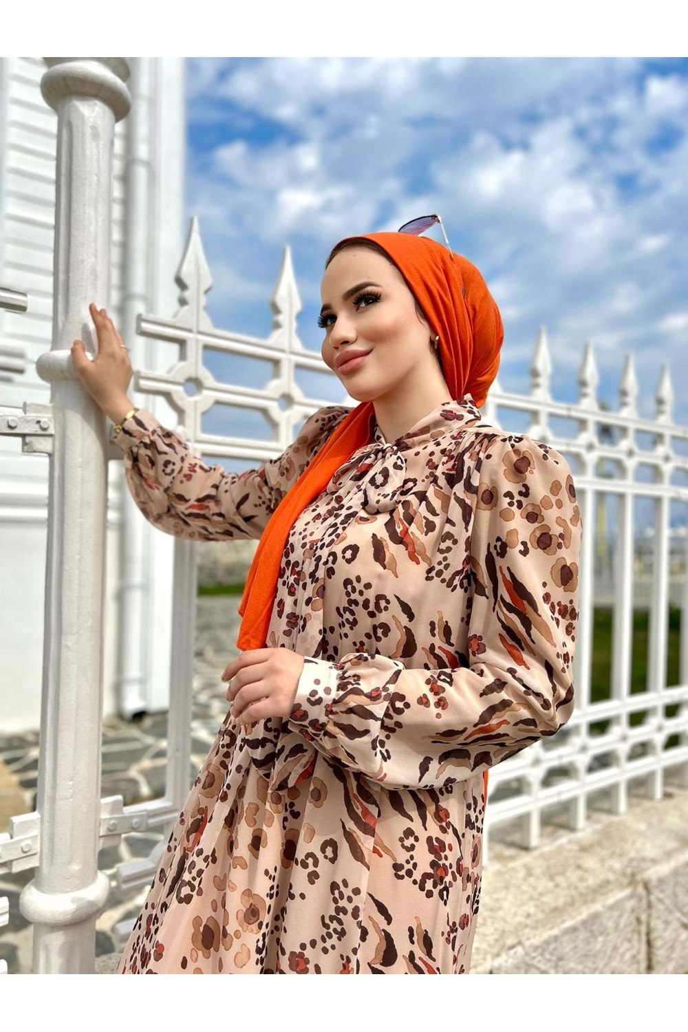 İkoll Leopar Desenli Şifon Elbise - Bej - S