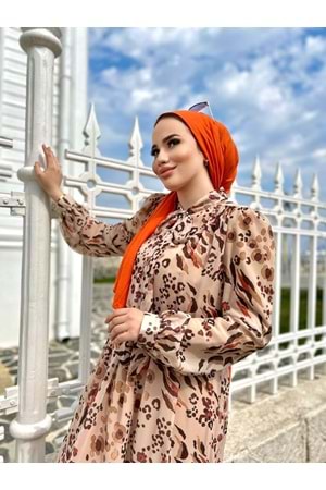İkoll Leopar Desenli Şifon Elbise - Bej - S