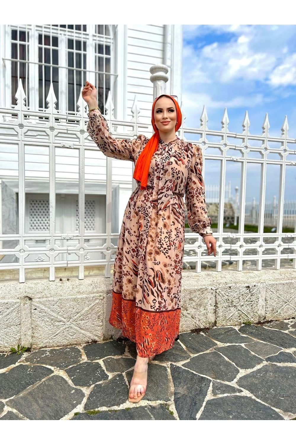 İkoll Leopar Desenli Şifon Elbise - Bej - S
