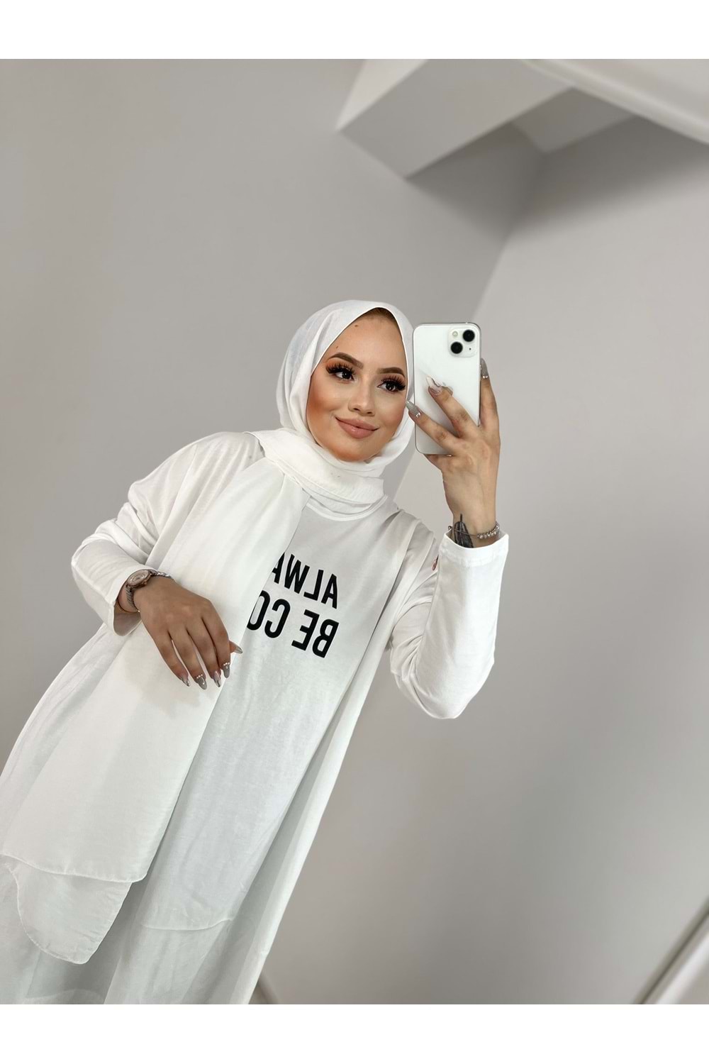 2639 Always Baskılı Tunik - Krem - TEK BEDEN