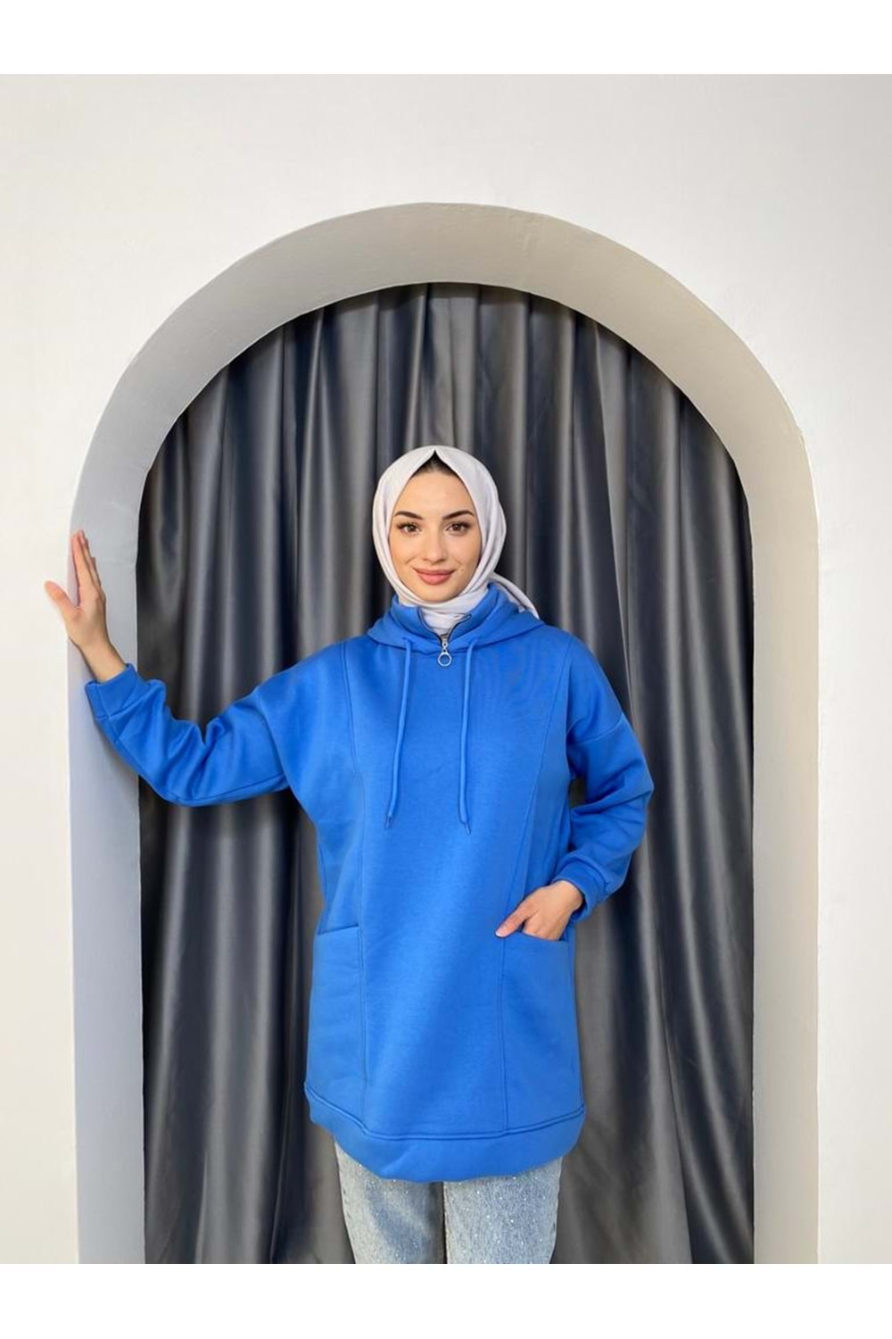 Üç İp Kaşonlu Balıkçı Yaka Fermuarlı Sweat 661 - Mavi - L-XL - AZRA03648-Mavi-L-XL