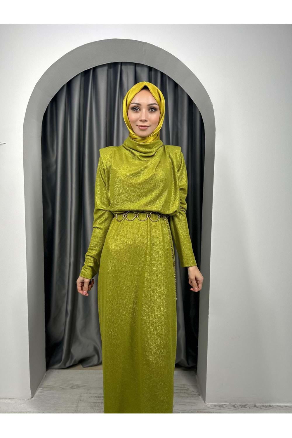 Degaje Yaka Simli Elbise 0031666 - Olive - L - AZRA03805-Olive-L