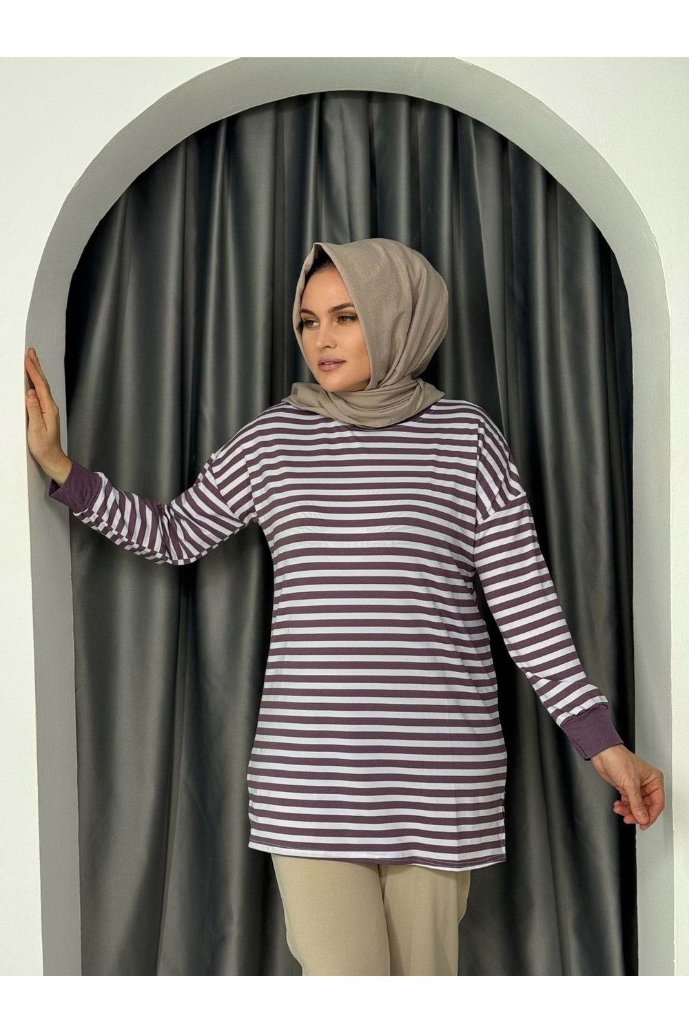 İnce Çizgili Tunik 674 - Mor - L - AZRA03914-Mor-L