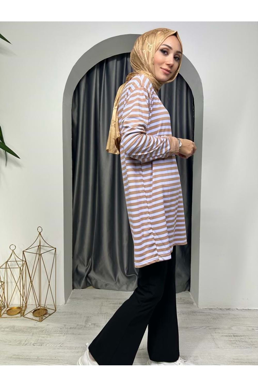 İnce Çizgili Tunik 674 - Sütlü Kahve - L-XL