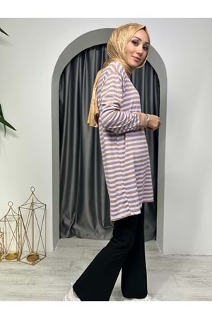 İnce Çizgili Tunik 674 - Sütlü Kahve - L-XL