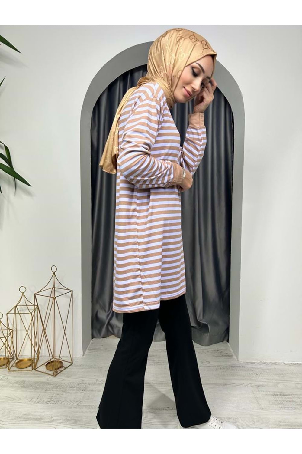 İnce Çizgili Tunik 674 - Sütlü Kahve - L-XL