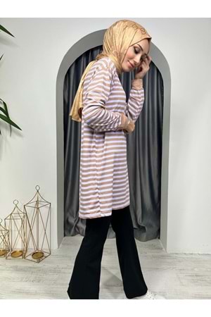 İnce Çizgili Tunik 674 - Sütlü Kahve - L-XL