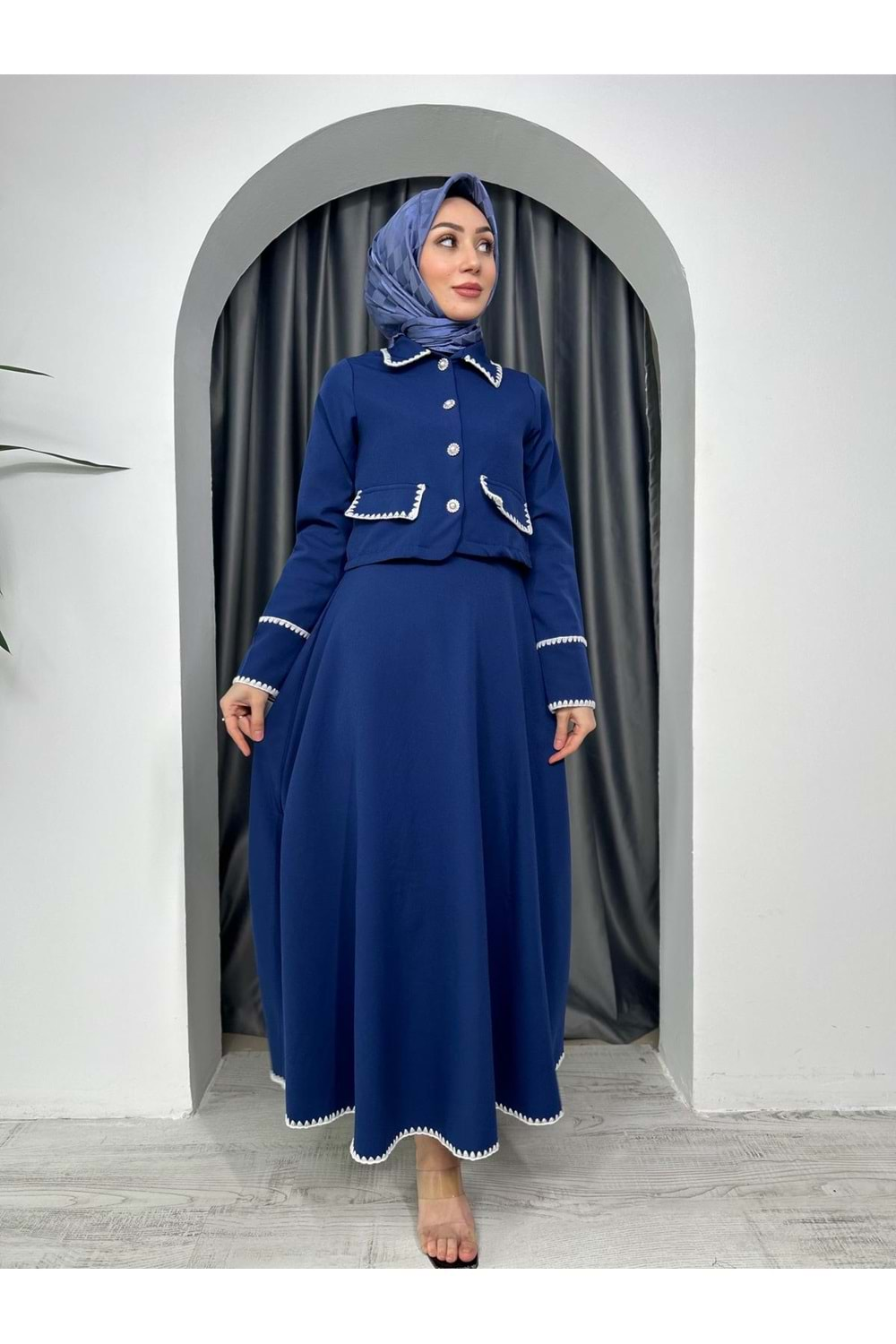 Dikişli Ve İnci Düğmeli Etekli Takım 2416 - Lacivert - XL - AZRA04283-Lacivert-XL