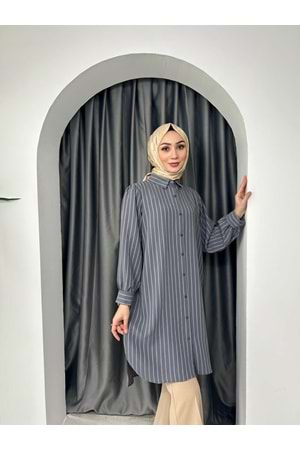 Uzun Çizgili Linda Gömlek 710 - Gri - L-XL - AZRA04286-Gri-L-XL