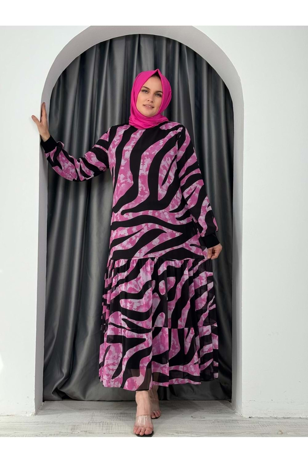 Egs Zebra Desen Şifon Elbise 7006 - Pembe - 52 - AZRA04599-Pembe-52