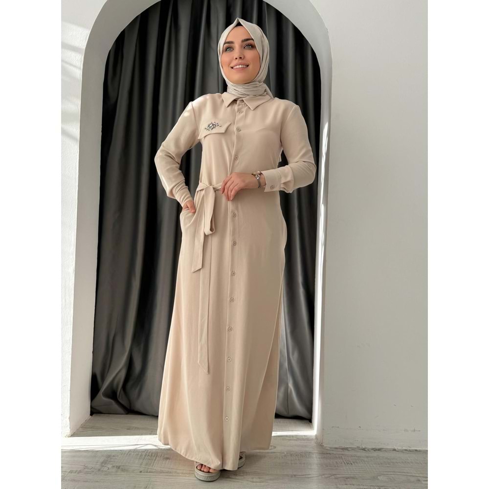 Puane Taşlı Yandan Bağlamalı Elbise 12504 - Bej - M - AZRA04701-Bej-M
