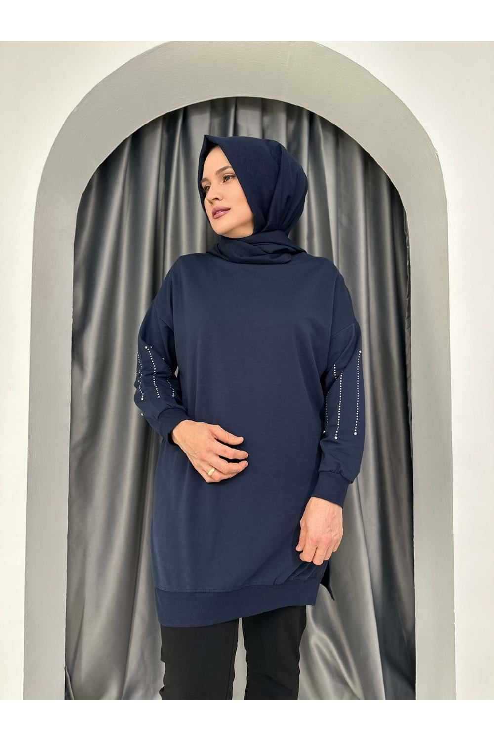 Kolları Taş Detaylı İki İplik Tunik 25156 - Lacivert - L-XL