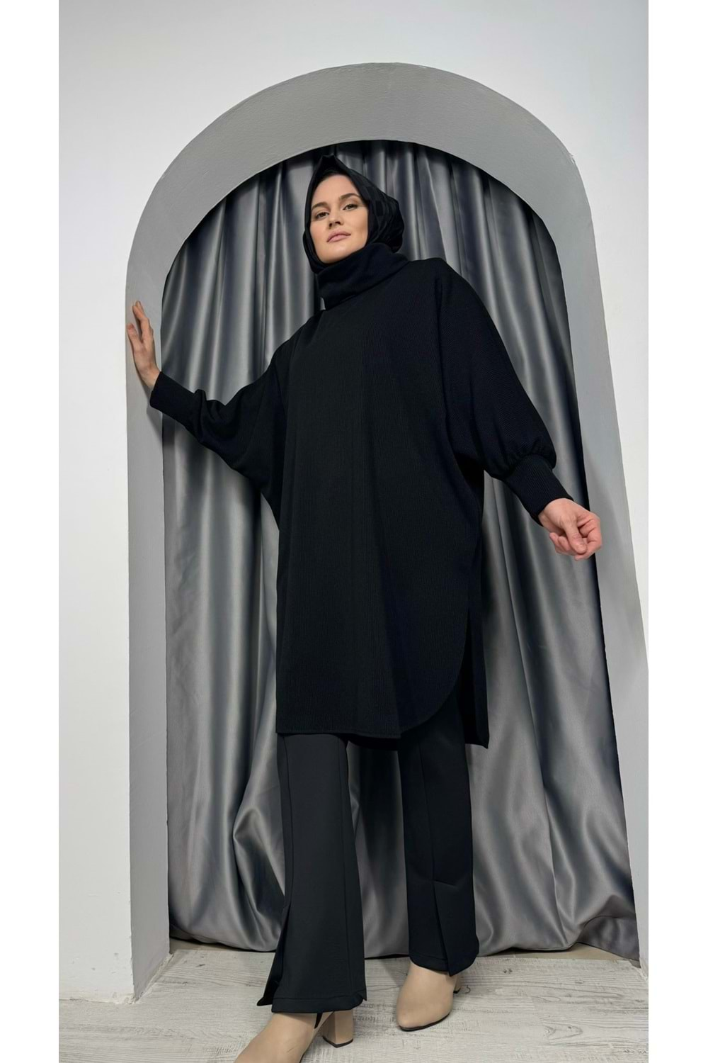 İkoll Yarasa Kol Oversize Tunik 33652 - Siyah - TEK BEDEN - AZRA05066-Siyah-TEK BEDEN