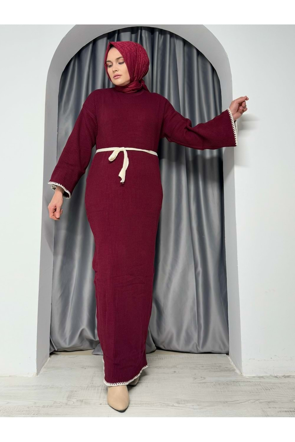 Bağlamalı Triko Elbise 110411 - azra fashion - Bordo - TEK BEDEN