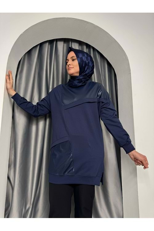 Deri Detaylı 2 İplik Tunik 25299 - Lacivert - L-XL