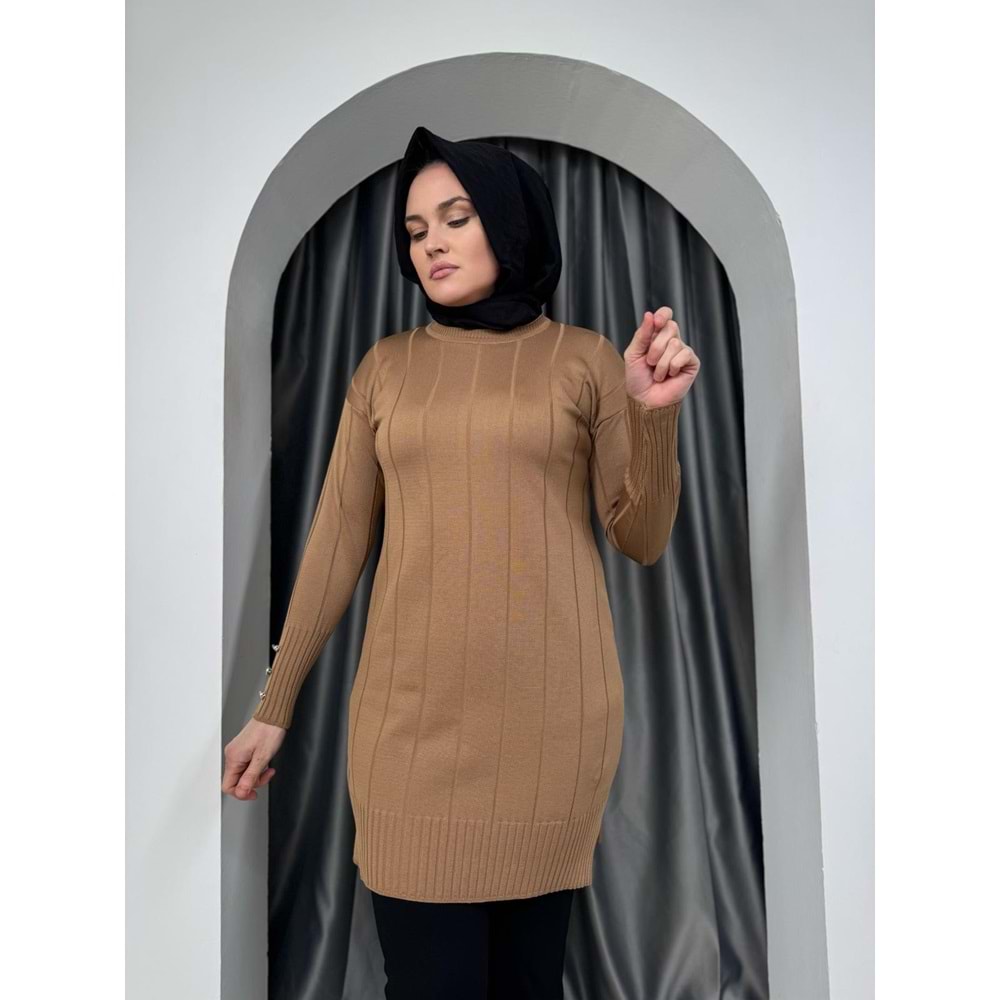 Büyük Kare Çizgili Merserize Tunik 3182 - Sütlü Kahve - TEK BEDEN - AZRA05356-44667