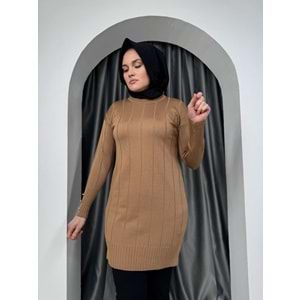 Büyük Kare Çizgili Merserize Tunik 3182 - Sütlü Kahve - TEK BEDEN - AZRA05356-44667