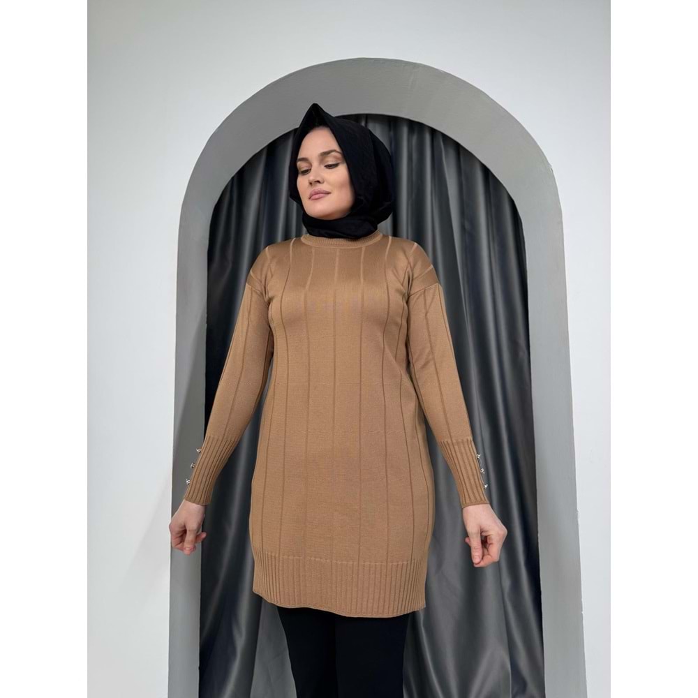 Büyük Kare Çizgili Merserize Tunik 3182 - Sütlü Kahve - TEK BEDEN - AZRA05356-44667