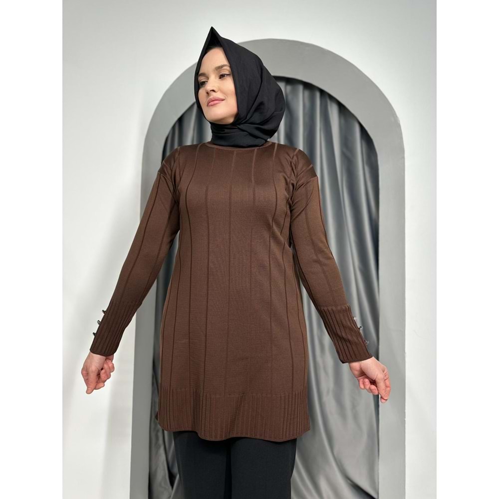 Büyük Kare Çizgili Merserize Tunik 3182 - Acı Kahve - TEK BEDEN - AZRA05356-45140