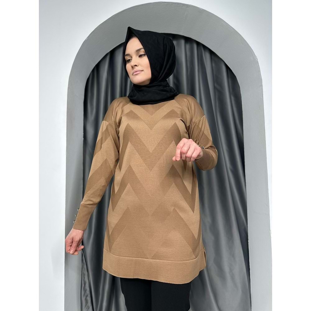 Zikzak Desen Merserize Tunik 3183 - Sütlü Kahve - TEK BEDEN - AZRA05400-45113