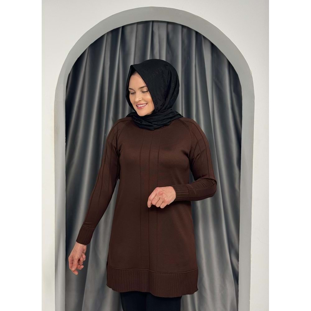 Önü Çizgili Kol Detaylı Merserize Tunik 3189 - Acı Kahve - TEK BEDEN - AZRA05423-45456