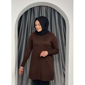 Önü Çizgili Kol Detaylı Merserize Tunik 3189 - Acı Kahve - TEK BEDEN - AZRA05423-45456