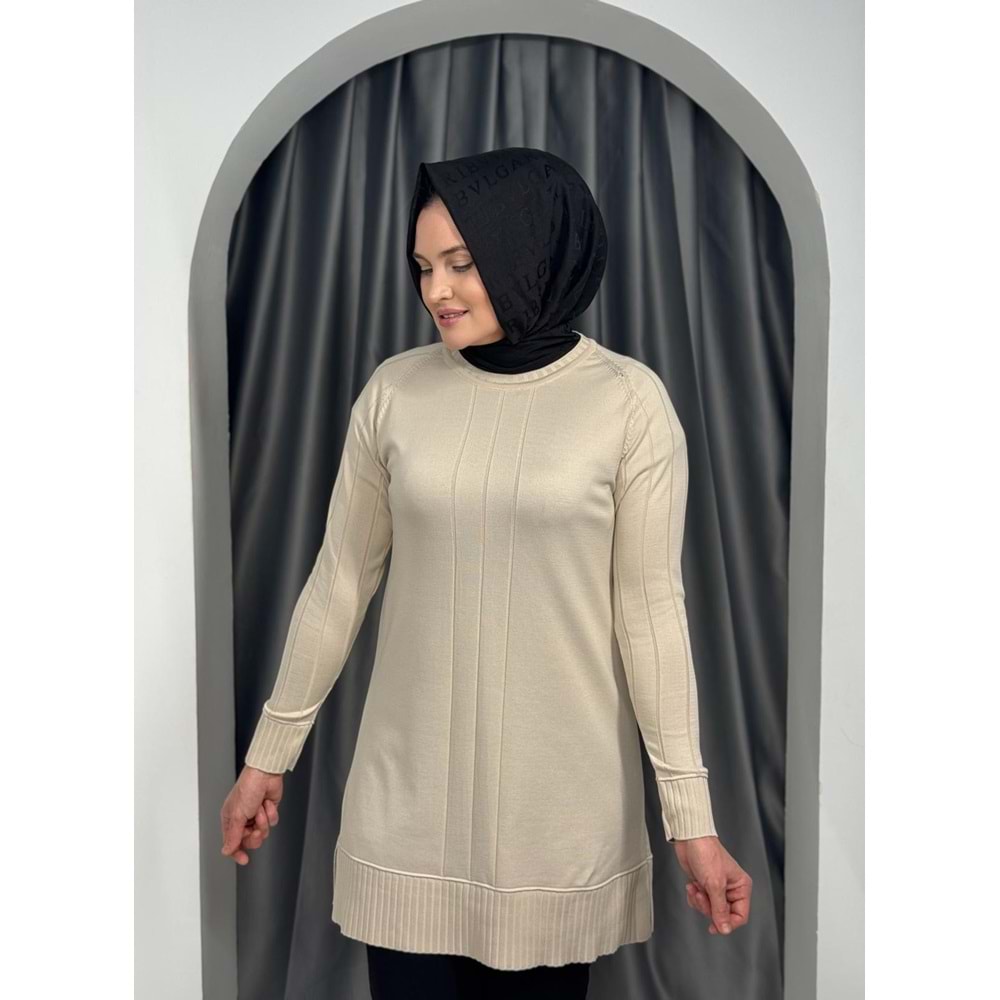 Önü Çizgili Kol Detaylı Merserize Tunik 3189 - Bej - TEK BEDEN - AZRA05423-45457